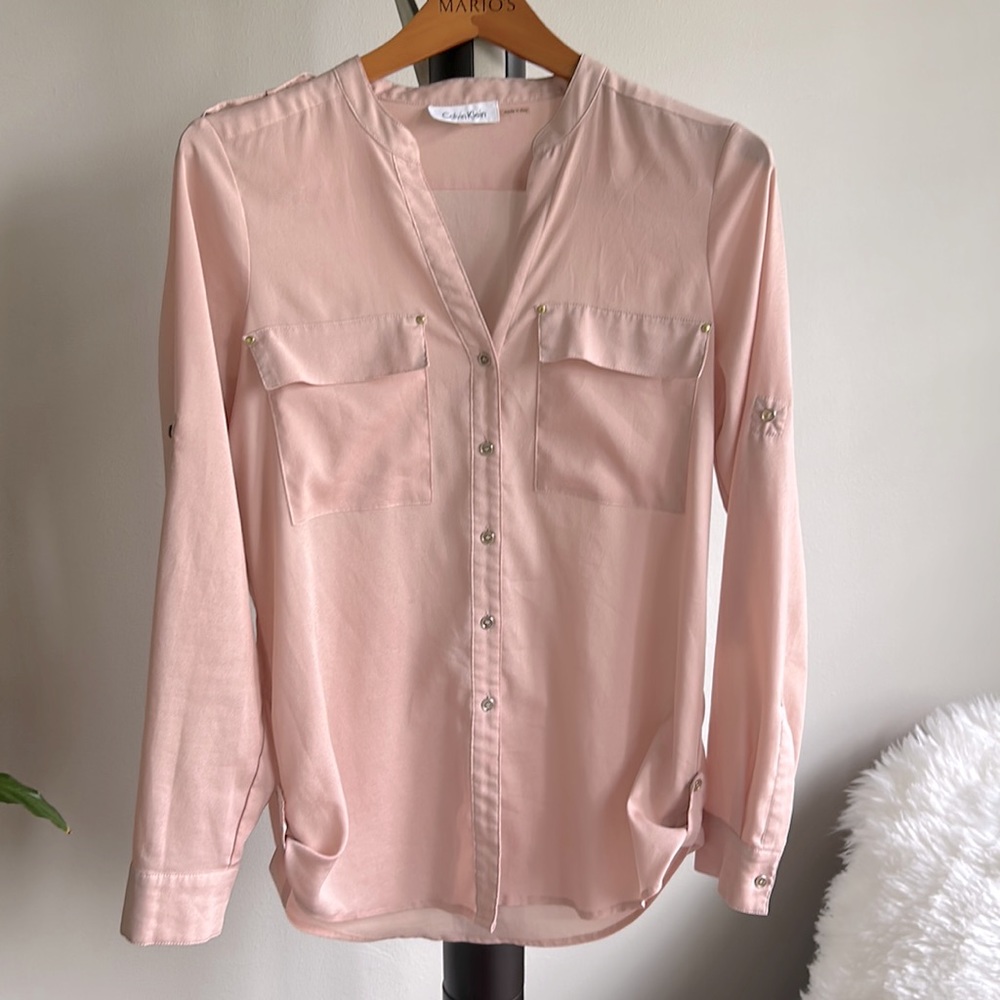 Calvin Klein Banded Collar Pocket Detail Long Roll-Tab Sleeve Blouse XS